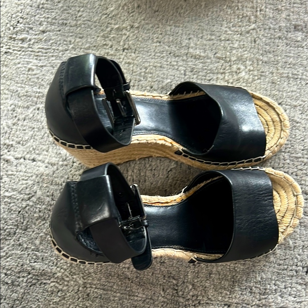 Vince Camuto Black Leather Ankle Strap Espadrille Wedge Sandals